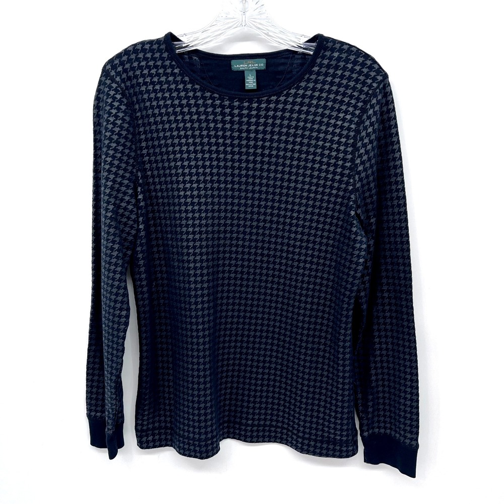 LRL LAUREN JEANS CO. Women's Sz L Houndstooth Long-Sleeve Shirt w/ Elbow Patches